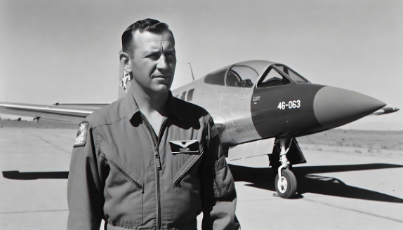 Chuck Yeager standing next to the Bell X-1A rocket plane