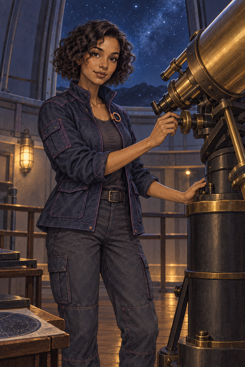 Mira adjusts a brass telescope beneath a nighttime observatory dome.