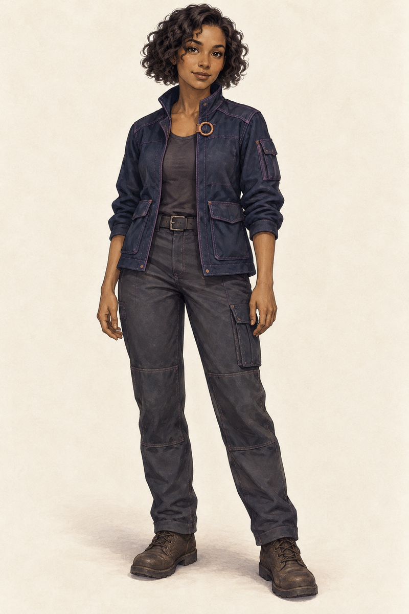 Full-body studio illustration of Mira with short dark coily hair, a navy field jacket, and a copper clasp.