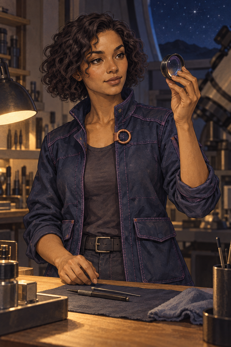 Closer illustration of Mira at a workbench inspecting a small lens.